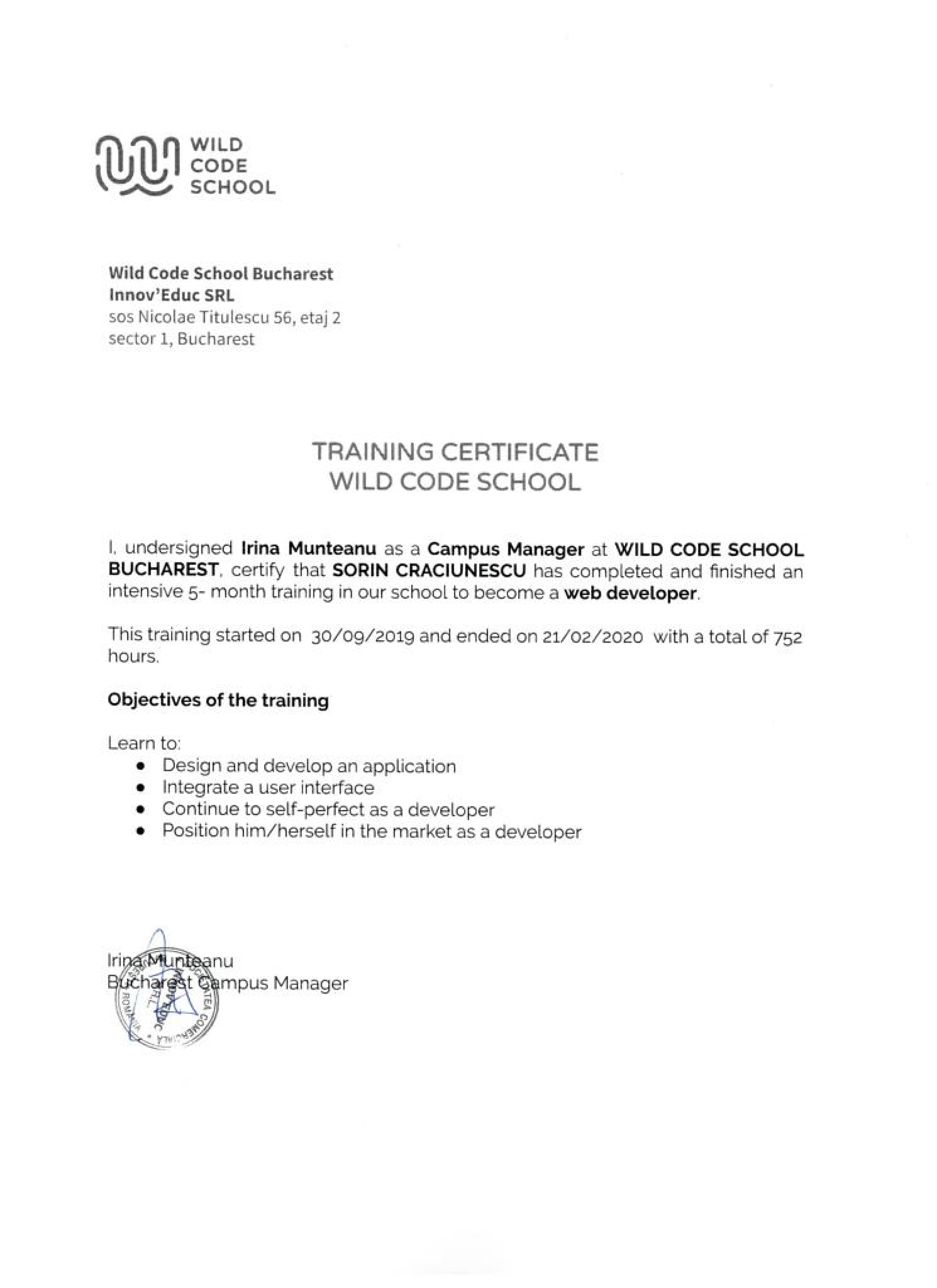 WCS Training Certificate